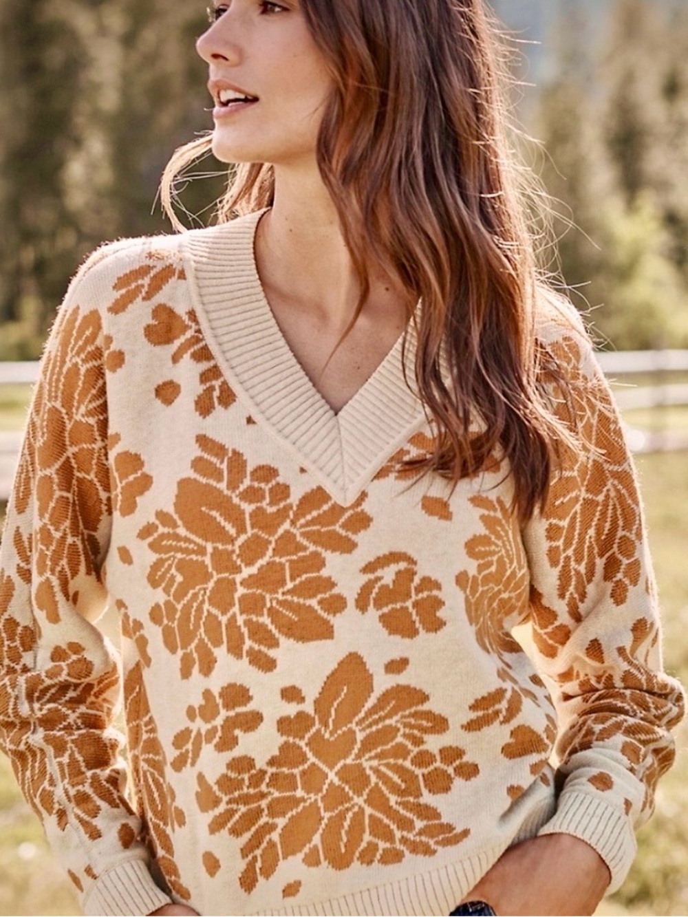 Garnet Hill Cream V-Neck Sweater with Mustard Floral Jacquard